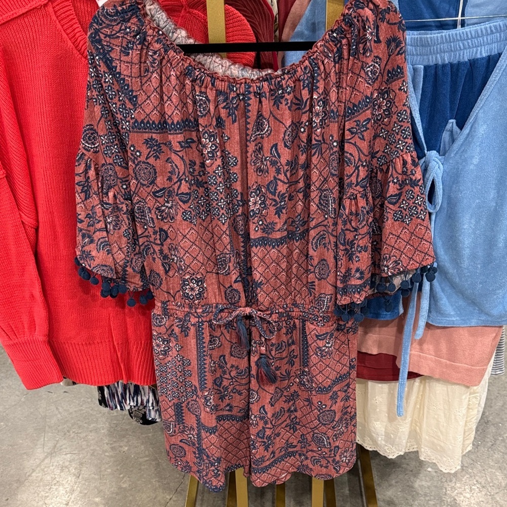 Cato Rust and Navy Off-Shoulder Floral Romper